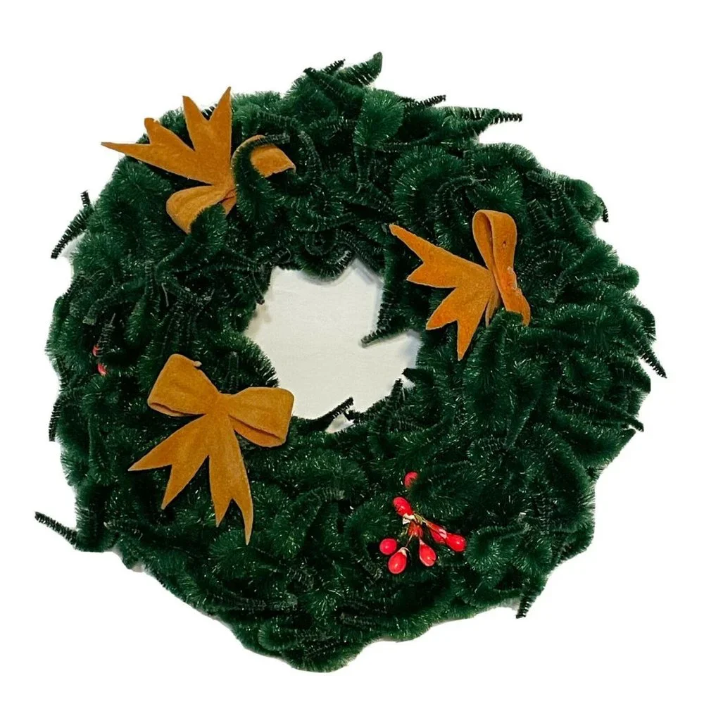 vintage green chenile christmas wreath Decor Gold bows berries